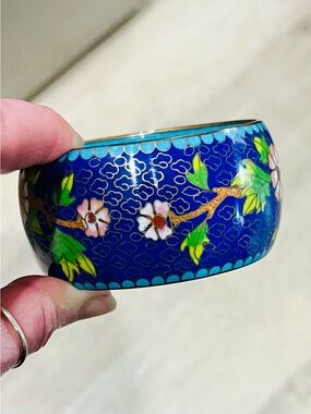 Vintage Heavy Cobalt Blue Cloisonné Floral Bangle Bracelet